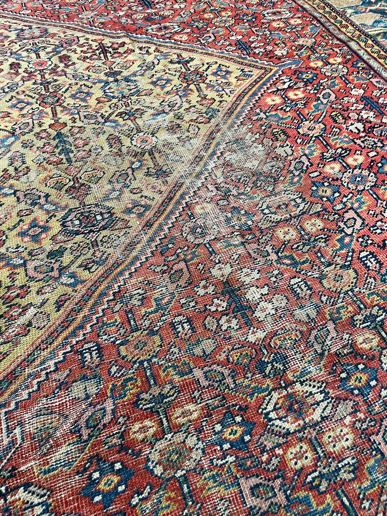 SOLD | INCREDIBLE Antique Persian Mahal, C. 1920-30's, Camel Corners with INCREDIBLE Bakshayesh Blue & Blue-Green Border | 8.4 x 12