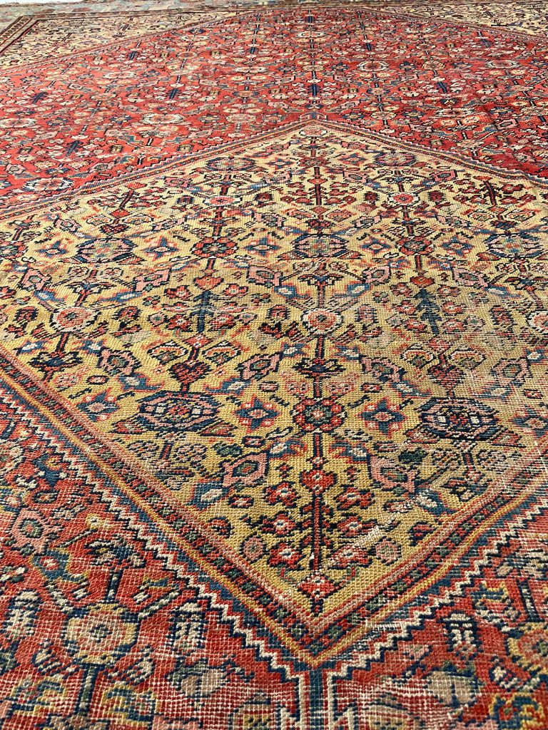 SOLD | INCREDIBLE Antique Persian Mahal, C. 1920-30's, Camel Corners with INCREDIBLE Bakshayesh Blue & Blue-Green Border | 8.4 x 12