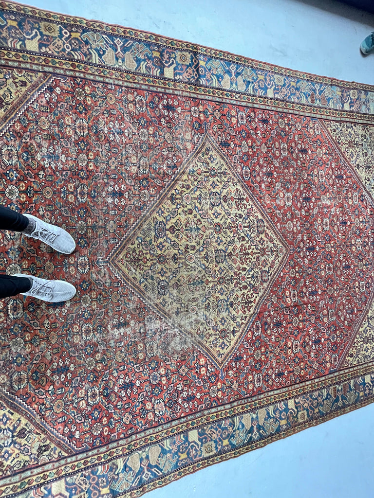 SOLD | INCREDIBLE Antique Persian Mahal, C. 1920-30's, Camel Corners with INCREDIBLE Bakshayesh Blue & Blue-Green Border | 8.4 x 12