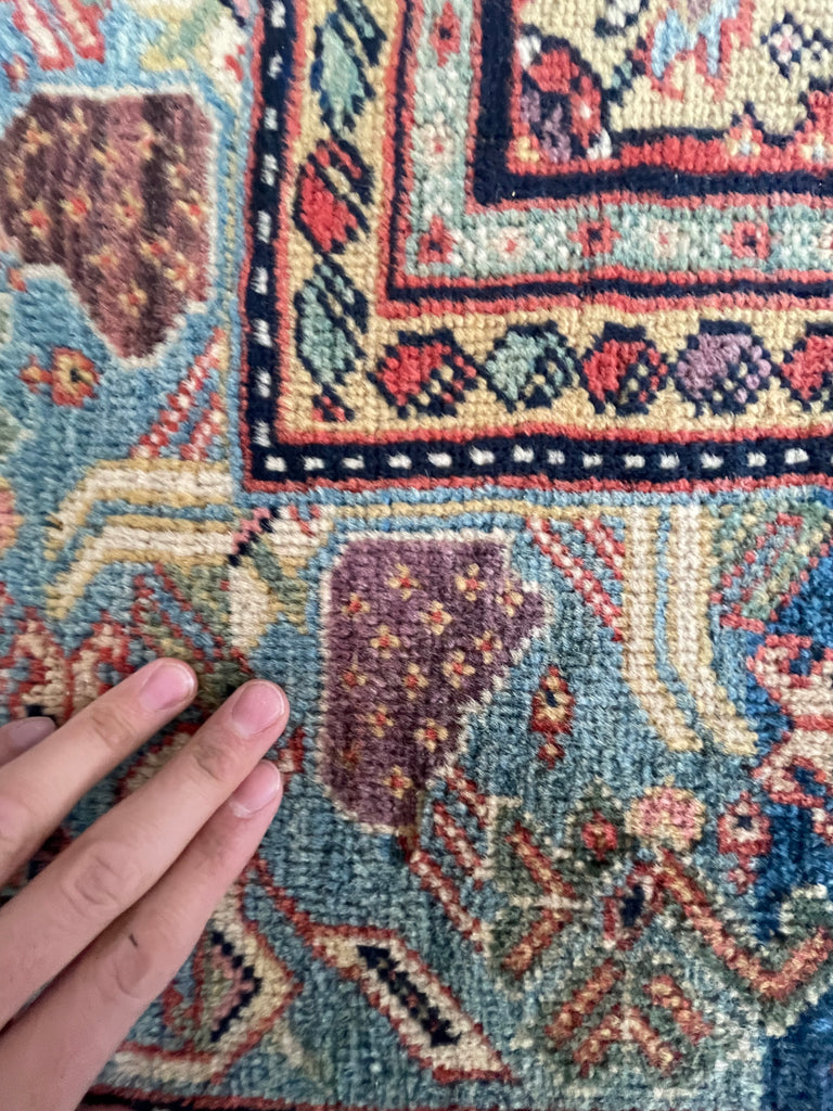SOLD | INCREDIBLE Antique Persian Mahal, C. 1920-30's, Camel Corners with INCREDIBLE Bakshayesh Blue & Blue-Green Border | 8.4 x 12