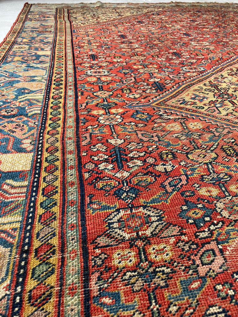 SOLD | INCREDIBLE Antique Persian Mahal, C. 1920-30's, Camel Corners with INCREDIBLE Bakshayesh Blue & Blue-Green Border | 8.4 x 12