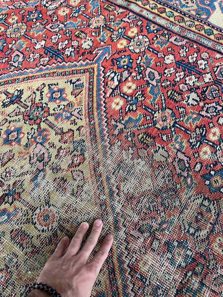 SOLD | INCREDIBLE Antique Persian Mahal, C. 1920-30's, Camel Corners with INCREDIBLE Bakshayesh Blue & Blue-Green Border | 8.4 x 12