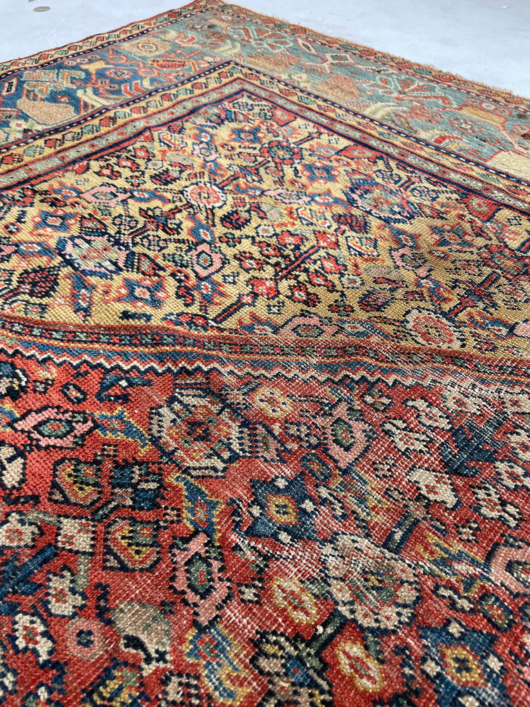 SOLD | INCREDIBLE Antique Persian Mahal, C. 1920-30's, Camel Corners with INCREDIBLE Bakshayesh Blue & Blue-Green Border | 8.4 x 12