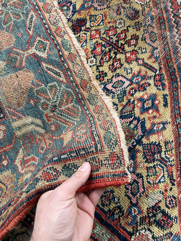 SOLD | INCREDIBLE Antique Persian Mahal, C. 1920-30's, Camel Corners with INCREDIBLE Bakshayesh Blue & Blue-Green Border | 8.4 x 12