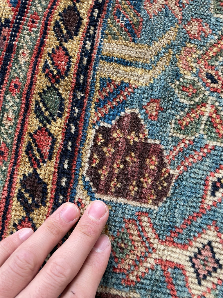 SOLD | INCREDIBLE Antique Persian Mahal, C. 1920-30's, Camel Corners with INCREDIBLE Bakshayesh Blue & Blue-Green Border | 8.4 x 12