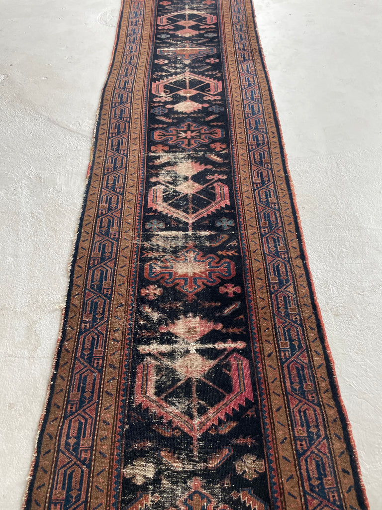 SOLD | GORGEOUS Long & Narrow Distressed Antique Runner | MOODY Navy, Camel & Pink | 2.8 x 16.7
