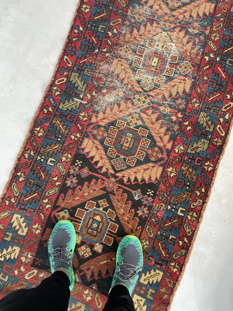 RESERVED FOR LF INTERIORS*** DISTINCT Narrow Antique Runner with "Feather Motif" | Aged & Distressed Ink, Camel, Denim, Pistachio | 2.9 x 9.9