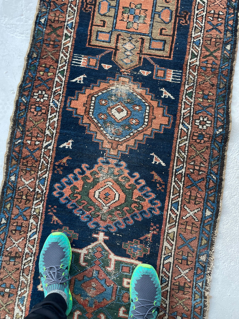 SOLD | INCREDIBLE Narrow Antique Runner | Northwest Tribal with Animals & CAMEL & GREEN Combo with Tangerine against Ink Indigo | 2.9 x 10.4
