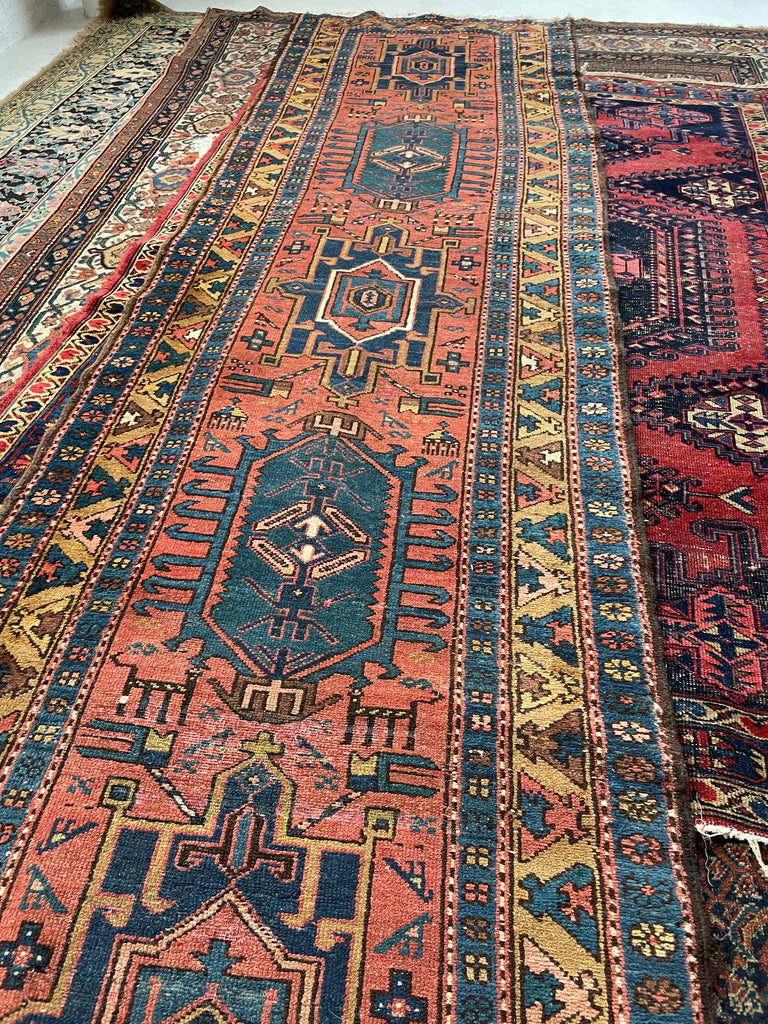 SOLD | WOW - Antique Northwest Runner | Deep Salmon-Terracotta Field with Camel Border | 3 x 10.8