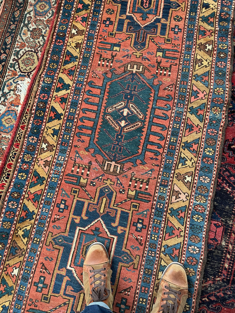 SOLD | WOW - Antique Northwest Runner | Deep Salmon-Terracotta Field with Camel Border | 3 x 10.8