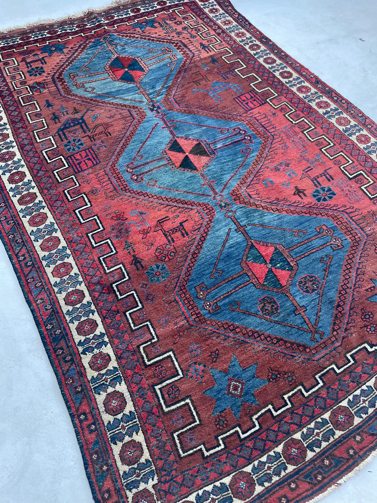 UNICORN Vintage Shiraz Rug | Village Life Woven Throughout | Clay, Ice Blue, Charcoal | 4.6 x 6.9