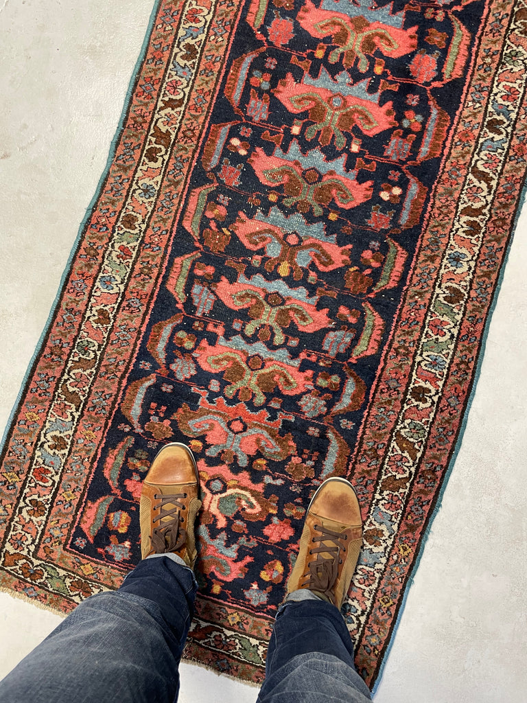 SOLD | LONG & NARROW Antique STUNNER | Navy, Salmon, Green & more Antique Runner | 2.9 x 16.11