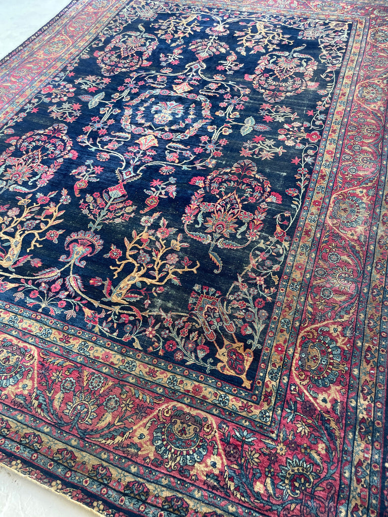 SOLD | MAJESTIC Antique Persian Yazd | Golden-Saffron Pomegranate Trees with Aubergine, Indigo, Berry | 8.9 x 12