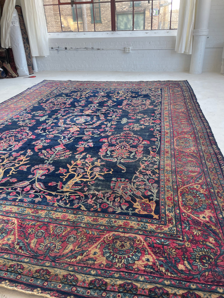 SOLD | MAJESTIC Antique Persian Yazd | Golden-Saffron Pomegranate Trees with Aubergine, Indigo, Berry | 8.9 x 12