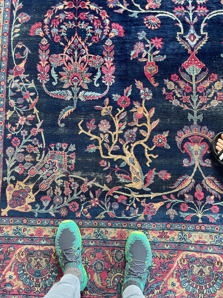 SOLD | MAJESTIC Antique Persian Yazd | Golden-Saffron Pomegranate Trees with Aubergine, Indigo, Berry | 8.9 x 12