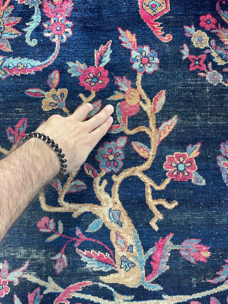 SOLD | MAJESTIC Antique Persian Yazd | Golden-Saffron Pomegranate Trees with Aubergine, Indigo, Berry | 8.9 x 12