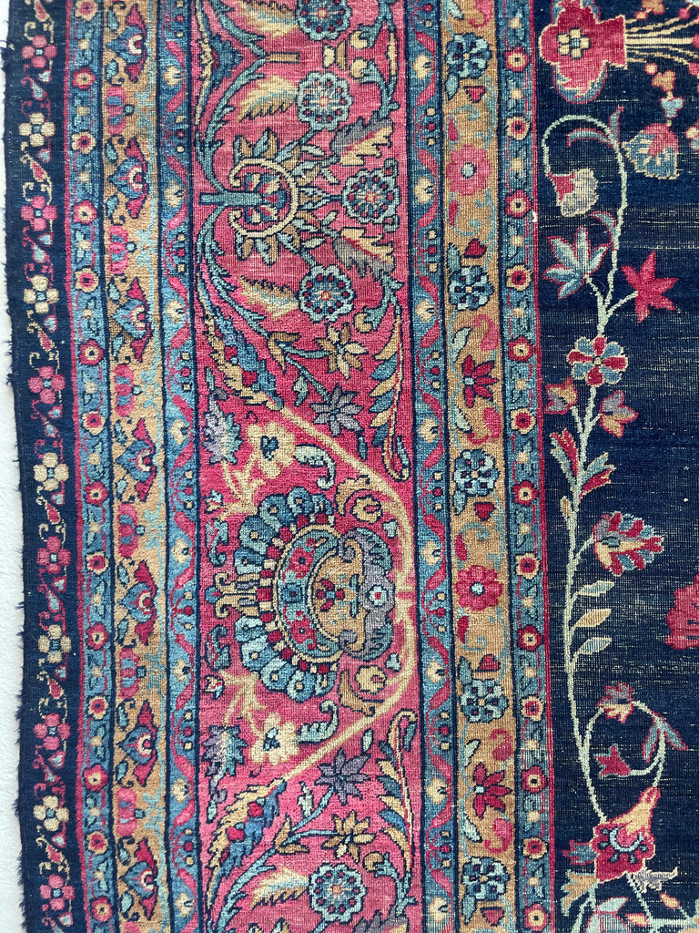 SOLD | MAJESTIC Antique Persian Yazd | Golden-Saffron Pomegranate Trees with Aubergine, Indigo, Berry | 8.9 x 12