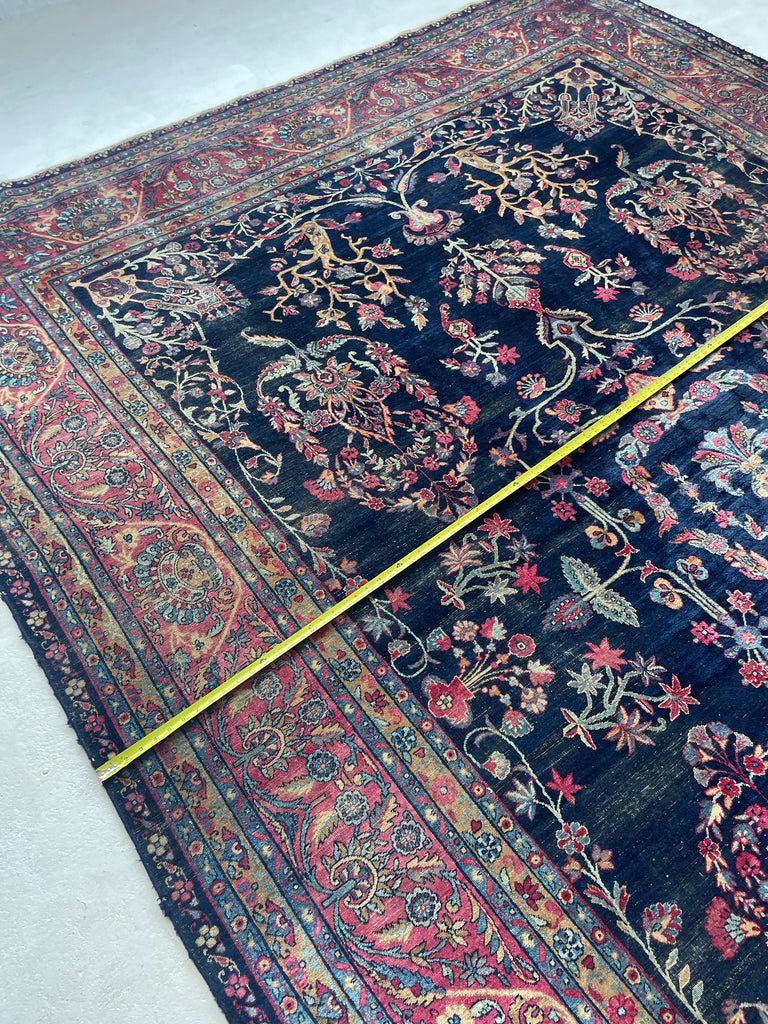 SOLD | MAJESTIC Antique Persian Yazd | Golden-Saffron Pomegranate Trees with Aubergine, Indigo, Berry | 8.9 x 12