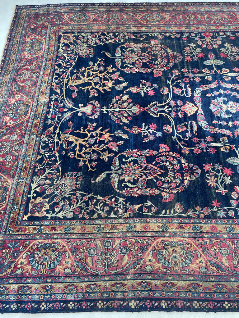 SOLD | MAJESTIC Antique Persian Yazd | Golden-Saffron Pomegranate Trees with Aubergine, Indigo, Berry | 8.9 x 12