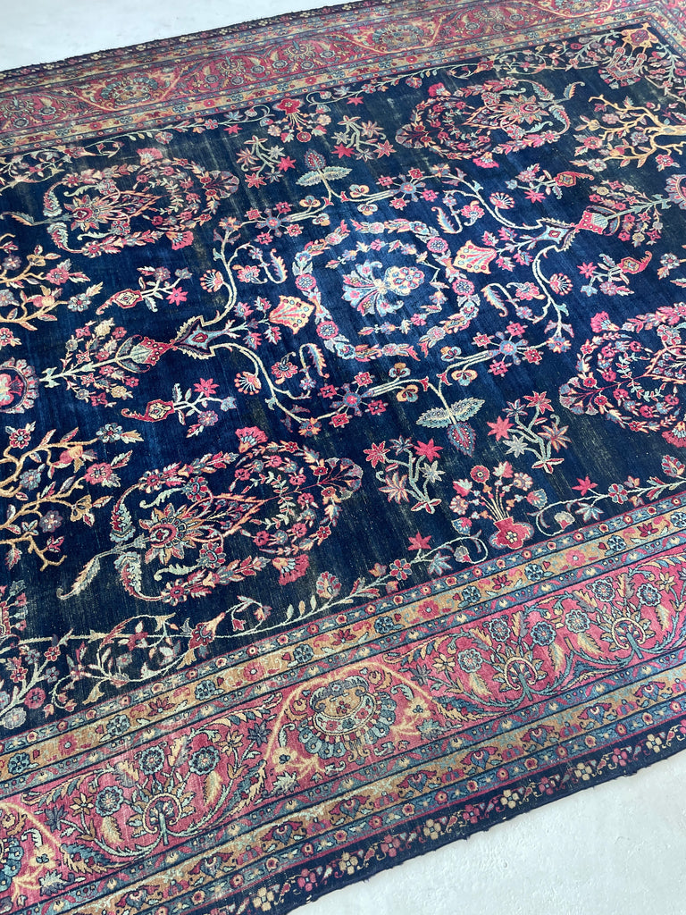 SOLD | MAJESTIC Antique Persian Yazd | Golden-Saffron Pomegranate Trees with Aubergine, Indigo, Berry | 8.9 x 12