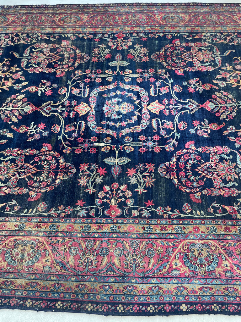 SOLD | MAJESTIC Antique Persian Yazd | Golden-Saffron Pomegranate Trees with Aubergine, Indigo, Berry | 8.9 x 12