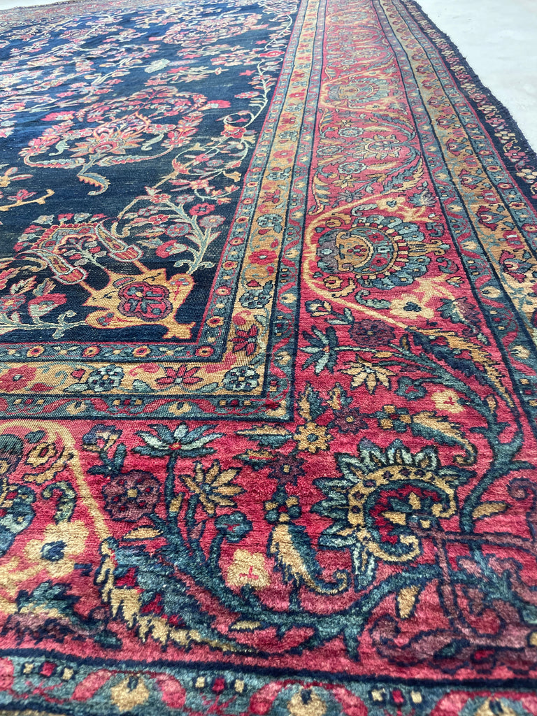 SOLD | MAJESTIC Antique Persian Yazd | Golden-Saffron Pomegranate Trees with Aubergine, Indigo, Berry | 8.9 x 12
