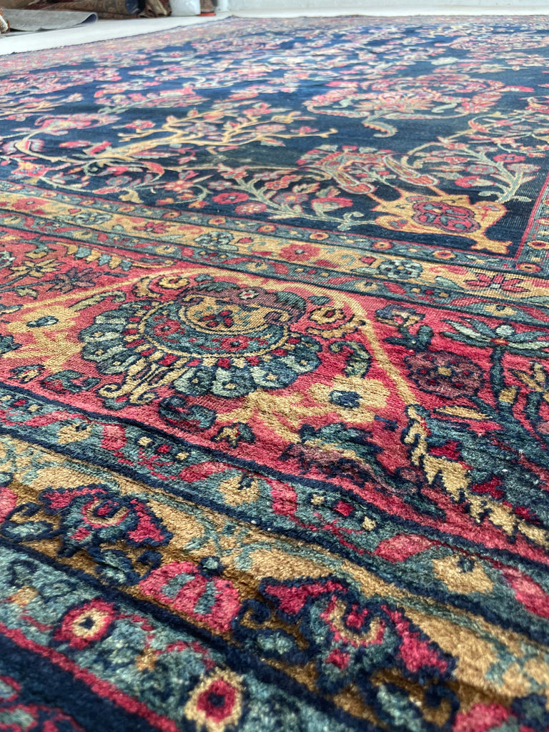SOLD | MAJESTIC Antique Persian Yazd | Golden-Saffron Pomegranate Trees with Aubergine, Indigo, Berry | 8.9 x 12