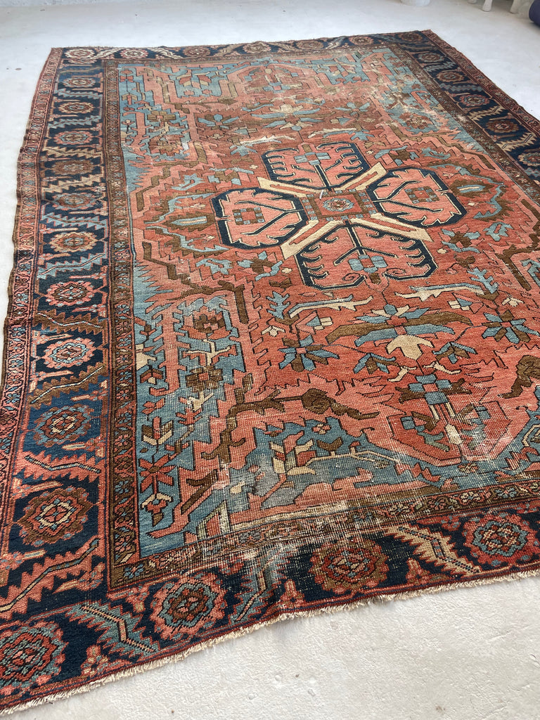 RESERVED FOR CLAIRE*** DRAMATIC & RARE Antique Persian Heriz Tribal Rug | GORGEOUS & UNIQUE Geometric Dream | Terracotta, Clay, Salmon, Ice Blue, Chestnut | 8.6 x 12