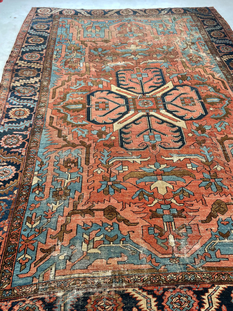 RESERVED FOR CLAIRE*** DRAMATIC & RARE Antique Persian Heriz Tribal Rug | GORGEOUS & UNIQUE Geometric Dream | Terracotta, Clay, Salmon, Ice Blue, Chestnut | 8.6 x 12