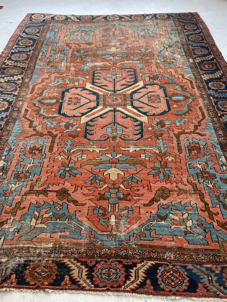 RESERVED FOR CLAIRE*** DRAMATIC & RARE Antique Persian Heriz Tribal Rug | GORGEOUS & UNIQUE Geometric Dream | Terracotta, Clay, Salmon, Ice Blue, Chestnut | 8.6 x 12