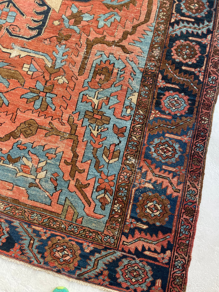 RESERVED FOR CLAIRE*** DRAMATIC & RARE Antique Persian Heriz Tribal Rug | GORGEOUS & UNIQUE Geometric Dream | Terracotta, Clay, Salmon, Ice Blue, Chestnut | 8.6 x 12