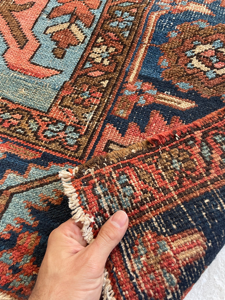 DRAMATIC & RARE Antique Persian Heriz Tribal Rug | GORGEOUS & UNIQUE Geometric Dream | Terracotta, Clay, Salmon, Ice Blue, Chestnut | 8.6 x 12
