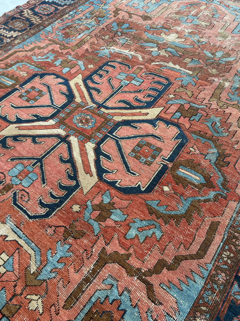RESERVED FOR CLAIRE*** DRAMATIC & RARE Antique Persian Heriz Tribal Rug | GORGEOUS & UNIQUE Geometric Dream | Terracotta, Clay, Salmon, Ice Blue, Chestnut | 8.6 x 12