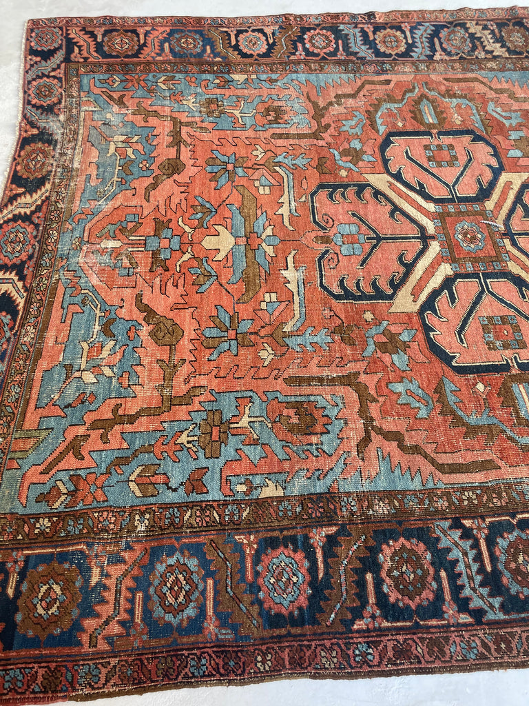 RESERVED FOR CLAIRE*** DRAMATIC & RARE Antique Persian Heriz Tribal Rug | GORGEOUS & UNIQUE Geometric Dream | Terracotta, Clay, Salmon, Ice Blue, Chestnut | 8.6 x 12