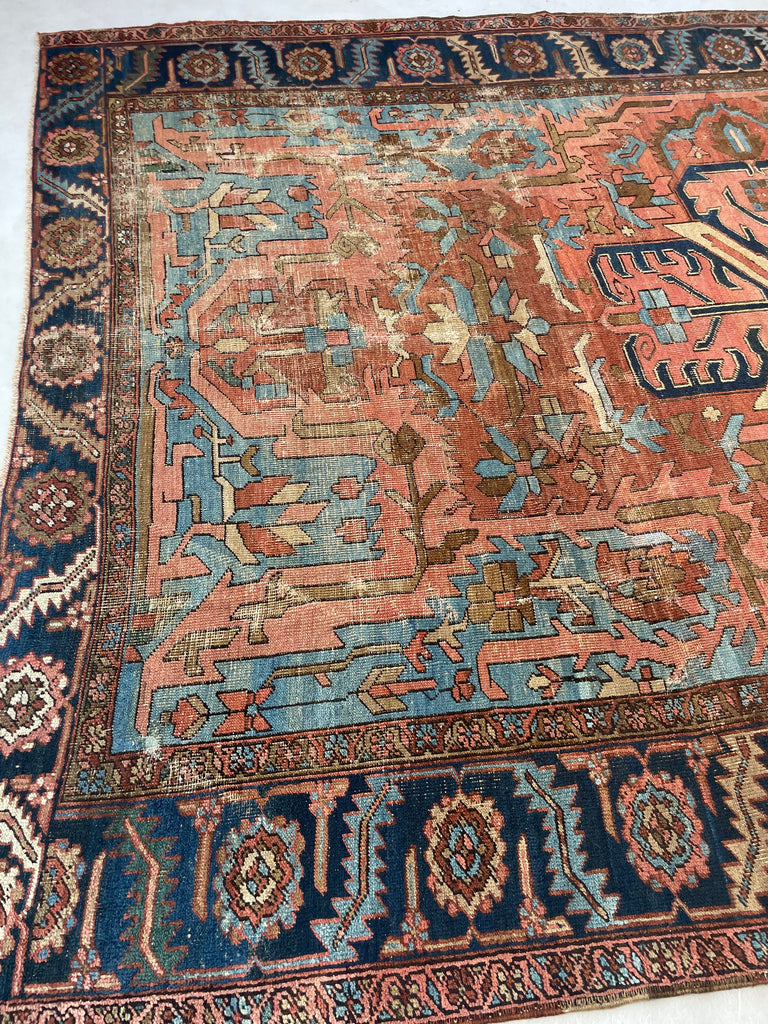 RESERVED FOR CLAIRE*** DRAMATIC & RARE Antique Persian Heriz Tribal Rug | GORGEOUS & UNIQUE Geometric Dream | Terracotta, Clay, Salmon, Ice Blue, Chestnut | 8.6 x 12