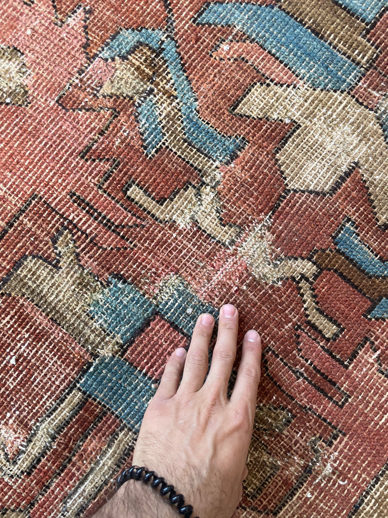RESERVED FOR CLAIRE*** DRAMATIC & RARE Antique Persian Heriz Tribal Rug | GORGEOUS & UNIQUE Geometric Dream | Terracotta, Clay, Salmon, Ice Blue, Chestnut | 8.6 x 12
