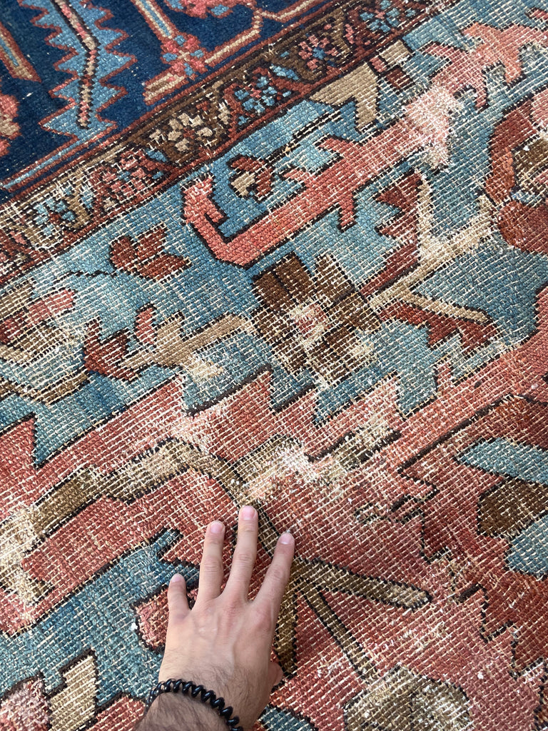 RESERVED FOR CLAIRE*** DRAMATIC & RARE Antique Persian Heriz Tribal Rug | GORGEOUS & UNIQUE Geometric Dream | Terracotta, Clay, Salmon, Ice Blue, Chestnut | 8.6 x 12