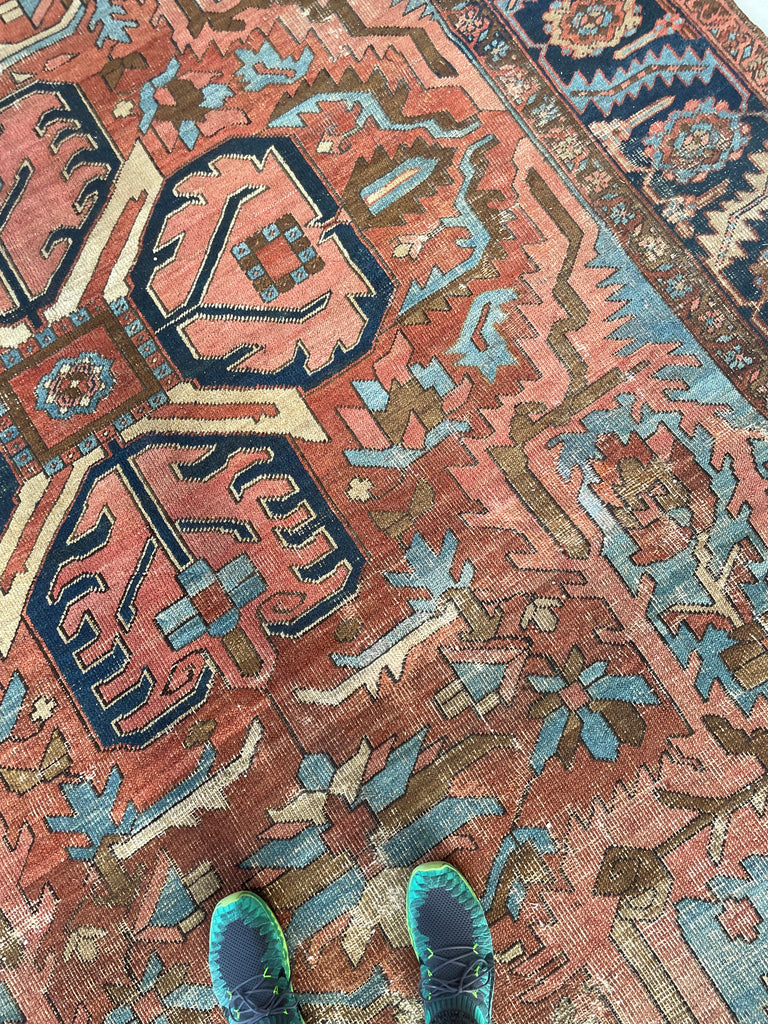 RESERVED FOR CLAIRE*** DRAMATIC & RARE Antique Persian Heriz Tribal Rug | GORGEOUS & UNIQUE Geometric Dream | Terracotta, Clay, Salmon, Ice Blue, Chestnut | 8.6 x 12