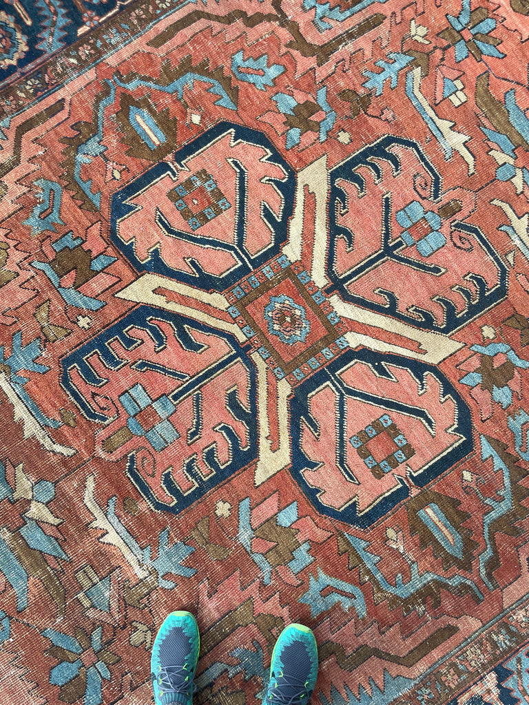 DRAMATIC & RARE Antique Persian Heriz Tribal Rug | GORGEOUS & UNIQUE Geometric Dream | Terracotta, Clay, Salmon, Ice Blue, Chestnut | 8.6 x 12