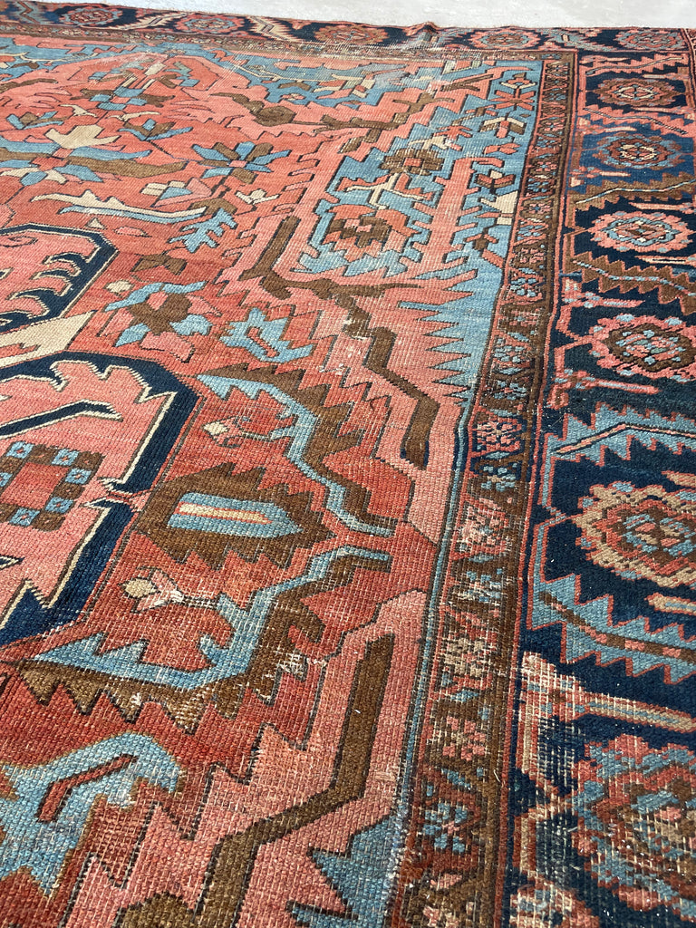 RESERVED FOR CLAIRE*** DRAMATIC & RARE Antique Persian Heriz Tribal Rug | GORGEOUS & UNIQUE Geometric Dream | Terracotta, Clay, Salmon, Ice Blue, Chestnut | 8.6 x 12