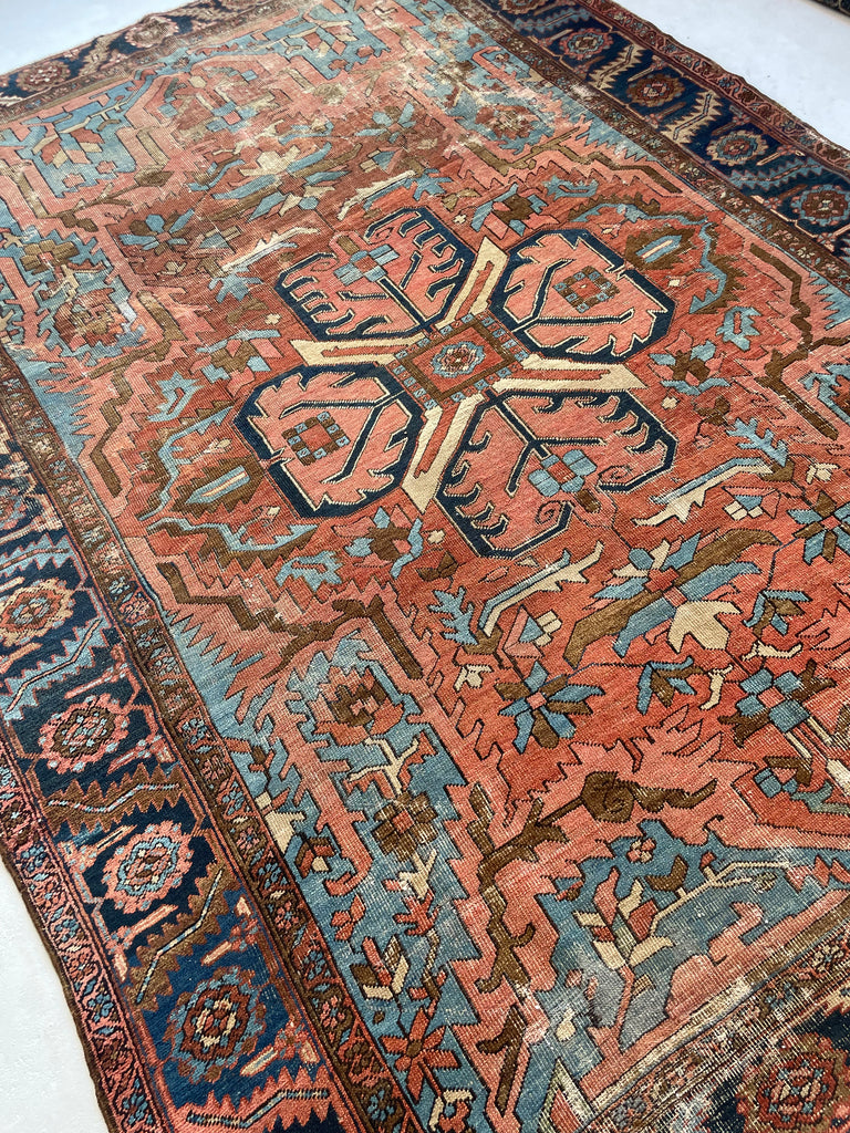 RESERVED FOR CLAIRE*** DRAMATIC & RARE Antique Persian Heriz Tribal Rug | GORGEOUS & UNIQUE Geometric Dream | Terracotta, Clay, Salmon, Ice Blue, Chestnut | 8.6 x 12