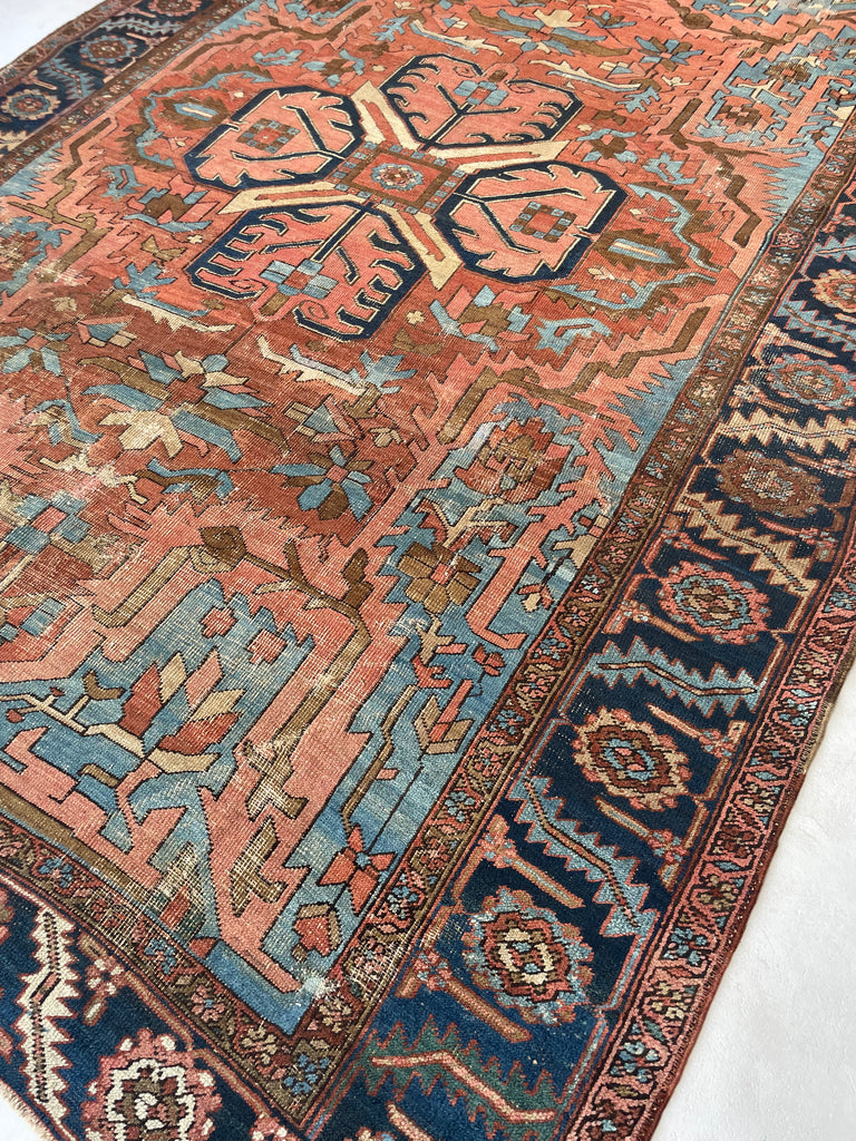 RESERVED FOR CLAIRE*** DRAMATIC & RARE Antique Persian Heriz Tribal Rug | GORGEOUS & UNIQUE Geometric Dream | Terracotta, Clay, Salmon, Ice Blue, Chestnut | 8.6 x 12
