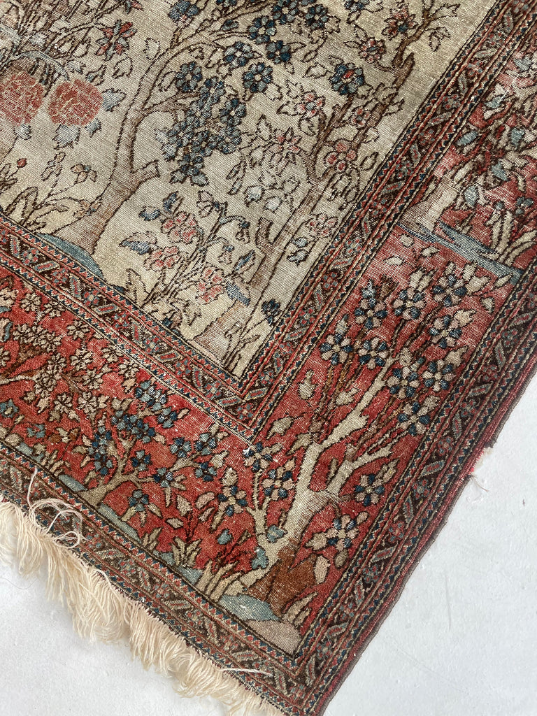 SOLD | MOTHER BIRD & 2 CHILDREN BIRDS | Tree of Life Esfahan | Cream, Walnut, Rust, Blue | 4.7 x 6.4