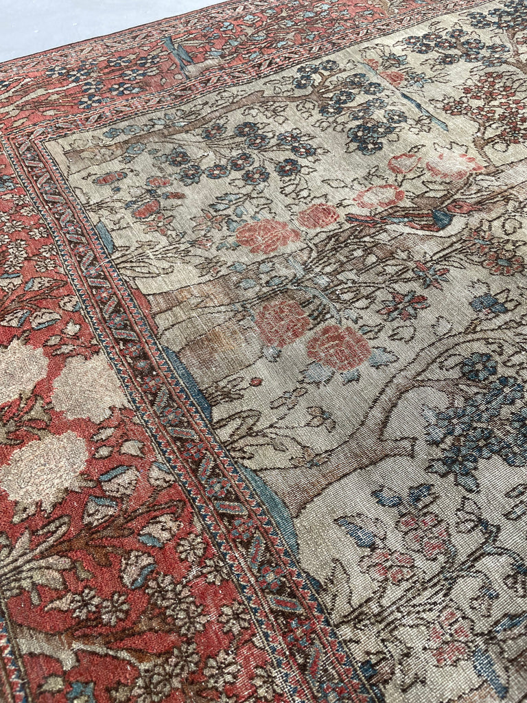 SOLD | MOTHER BIRD & 2 CHILDREN BIRDS | Tree of Life Esfahan | Cream, Walnut, Rust, Blue | 4.7 x 6.4