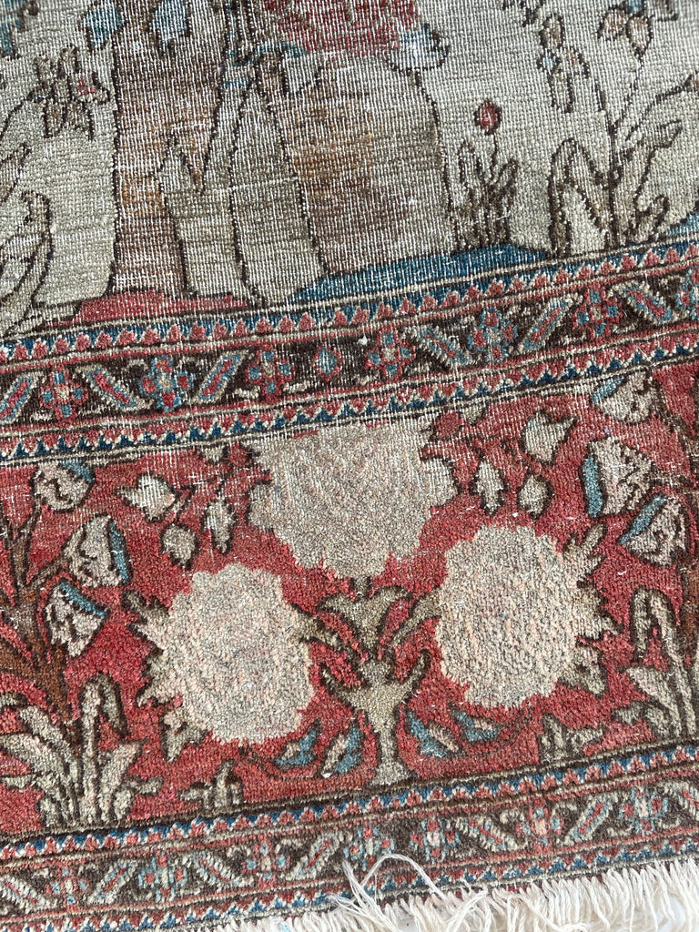 SOLD | MOTHER BIRD & 2 CHILDREN BIRDS | Tree of Life Esfahan | Cream, Walnut, Rust, Blue | 4.7 x 6.4