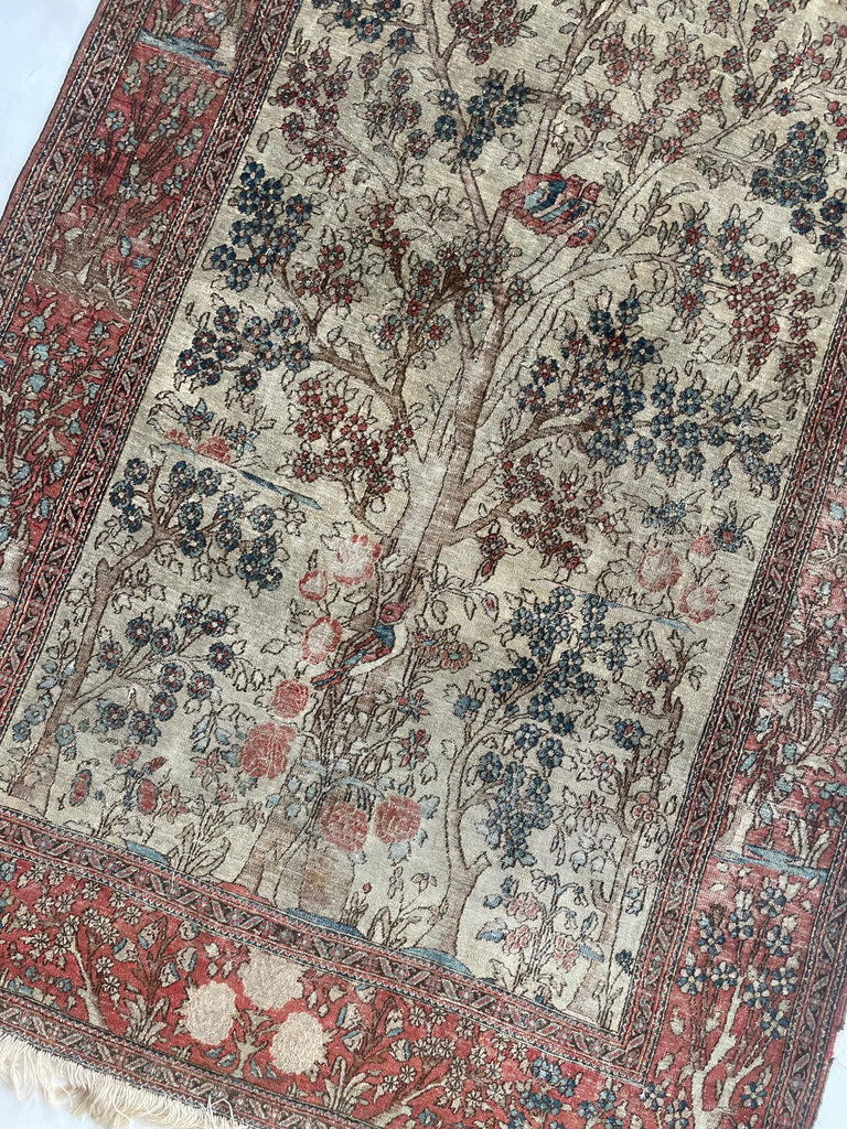 SOLD | MOTHER BIRD & 2 CHILDREN BIRDS | Tree of Life Esfahan | Cream, Walnut, Rust, Blue | 4.7 x 6.4
