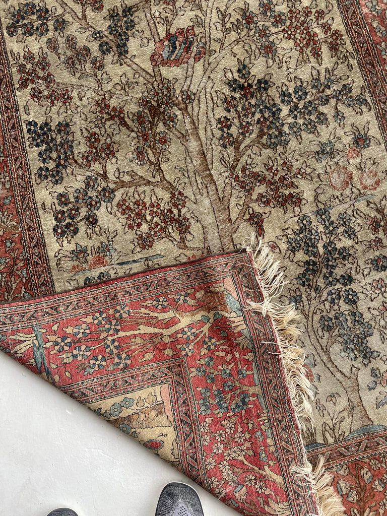SOLD | MOTHER BIRD & 2 CHILDREN BIRDS | Tree of Life Esfahan | Cream, Walnut, Rust, Blue | 4.7 x 6.4