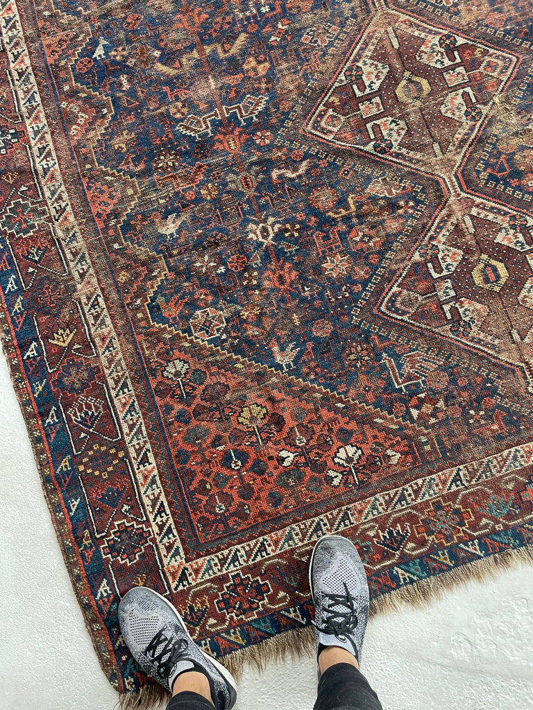 SOLD | BEYOND BEAUTIFUL Antique Southwest Persian Khamseh | Dark Denim & Terracotta | 7 x 10