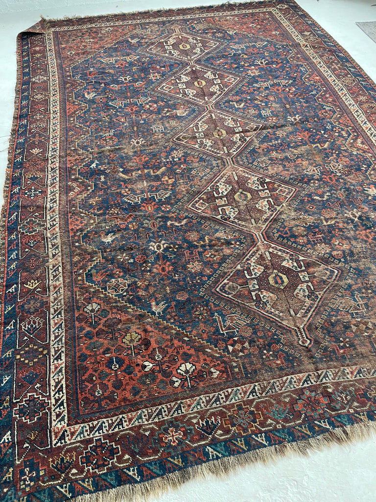 SOLD | BEYOND BEAUTIFUL Antique Southwest Persian Khamseh | Dark Denim & Terracotta | 7 x 10