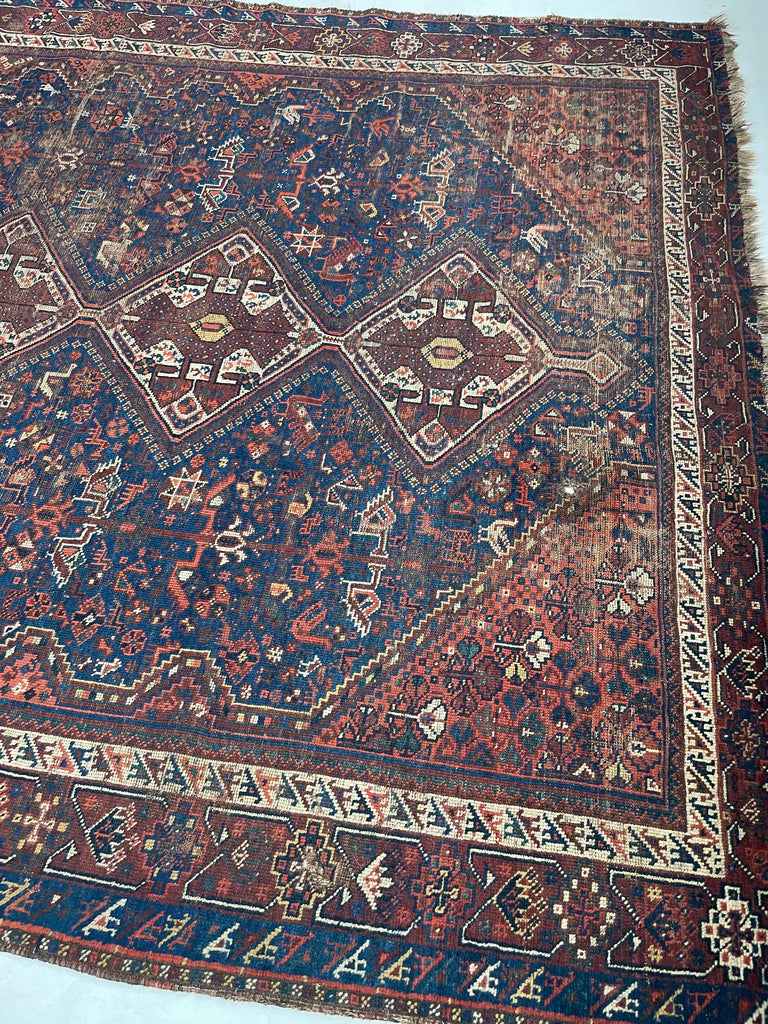 SOLD | BEYOND BEAUTIFUL Antique Southwest Persian Khamseh | Dark Denim & Terracotta | 7 x 10